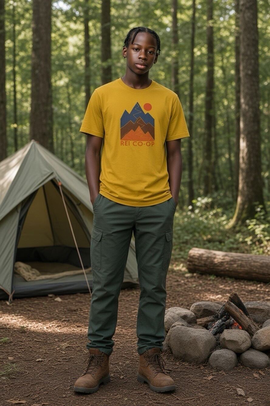 REI Co-Op Kid's XL Mustard Yellow Stylized Mountain Landscape Sun Graphic Tee